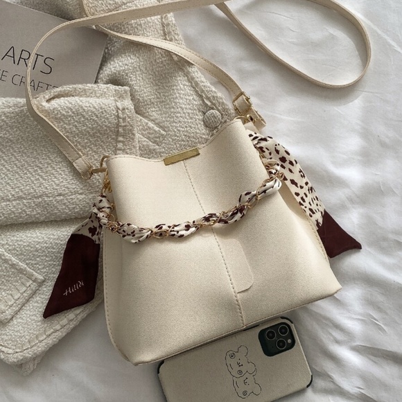 Boho Off White Vegan Leather Scarf Detail Crossbody Bag - Picture 2 of 6